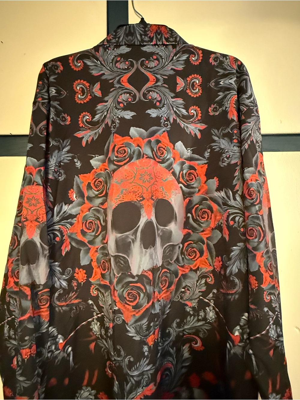 Premier Men’s Black Shirt with Red Rose & Gray Skull Print Goth 5XL New